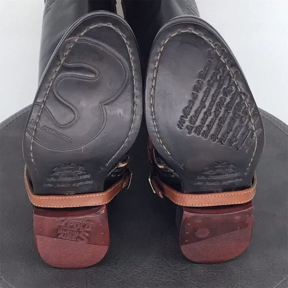 La Martina‎ Riding Boots Womens Sz 6.5 Black Brown Leather Heeled Equestrian
